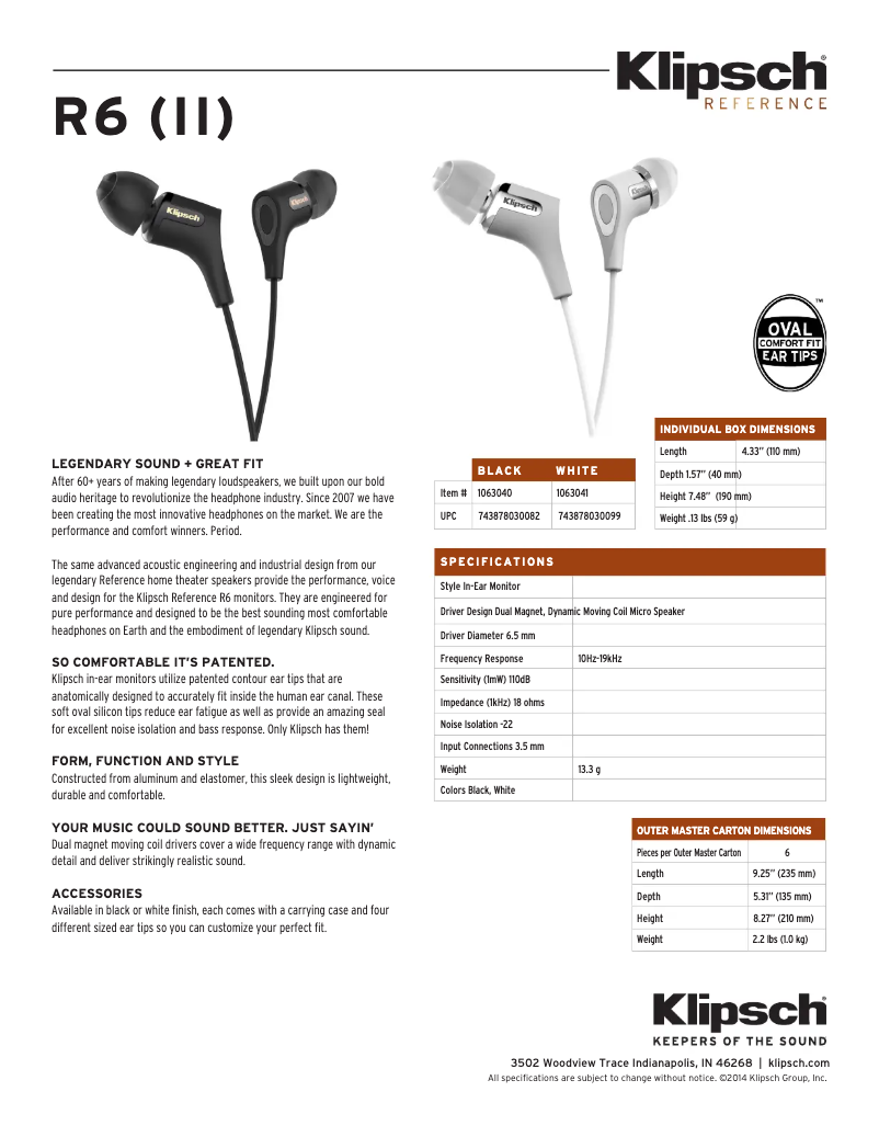 Page 1 de la notice Fiche technique Klipsch R6i II