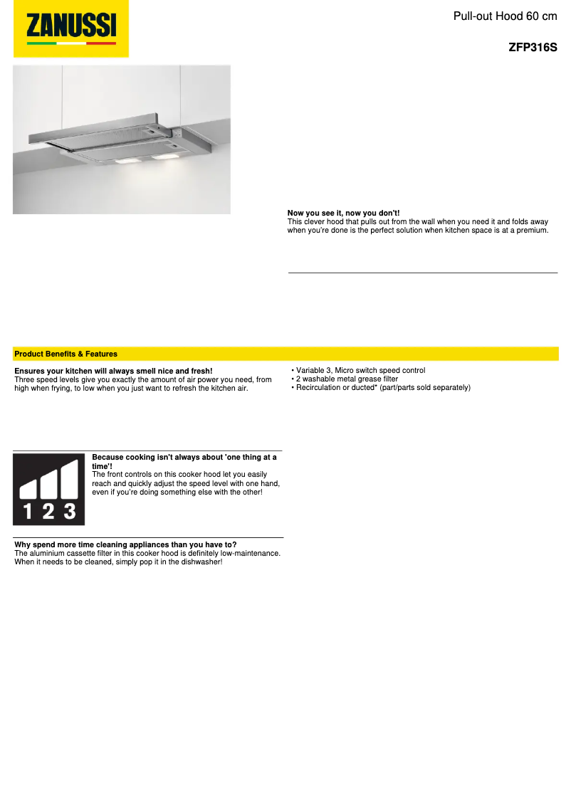 Page 1 de la notice Fiche technique Zanussi ZFP316S