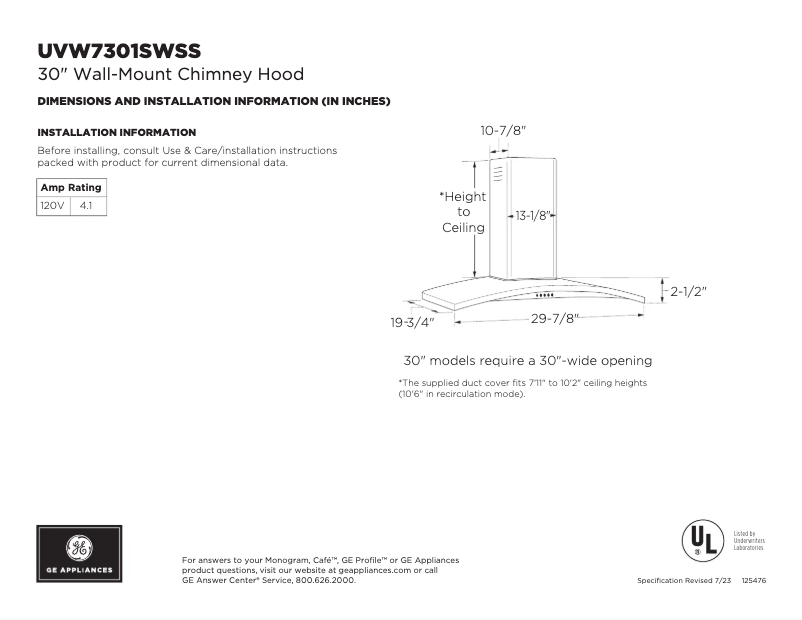 Página 1 del manual Ficha técnica GE UVW7301SWSS