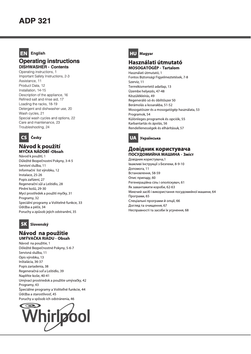 Page n°1 - Mode d'emploi Whirlpool ADP 321 IX