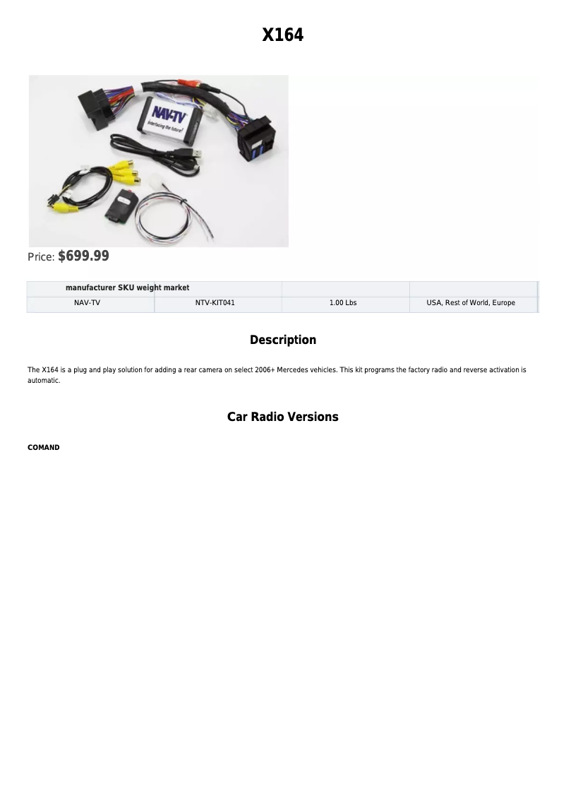 Page n°1 - Fiche technique NAV-TV NVT-KIT041