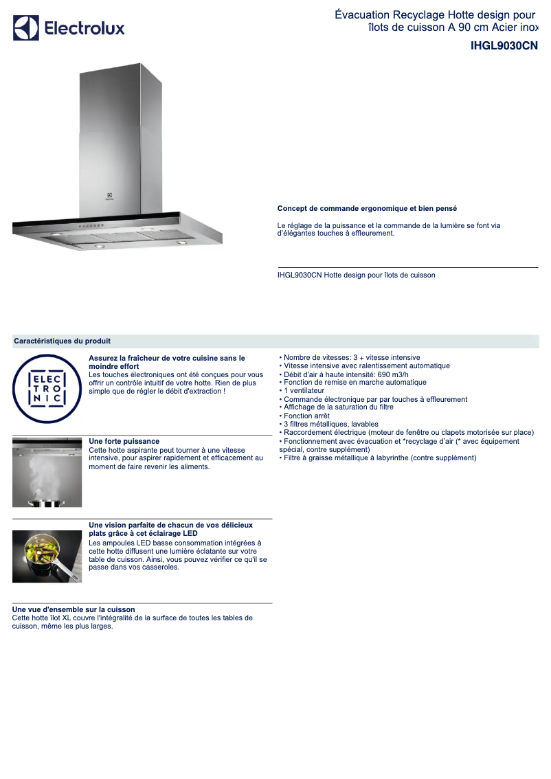 Page 1 de la notice Fiche technique Electrolux IHGL9030CN