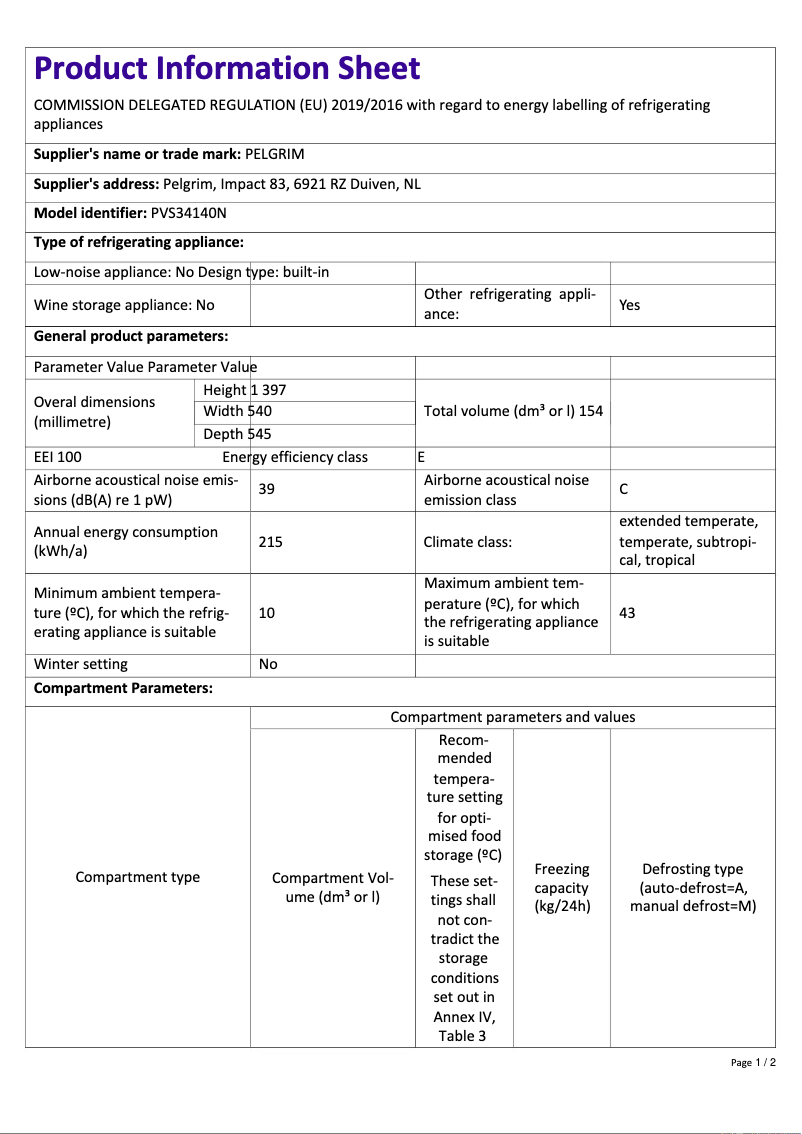 Page n°1 - Fiche technique Pelgrim PVS34140N