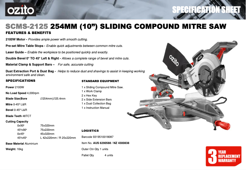 Page n°1 - Fiche technique Ozito SCMS-2125