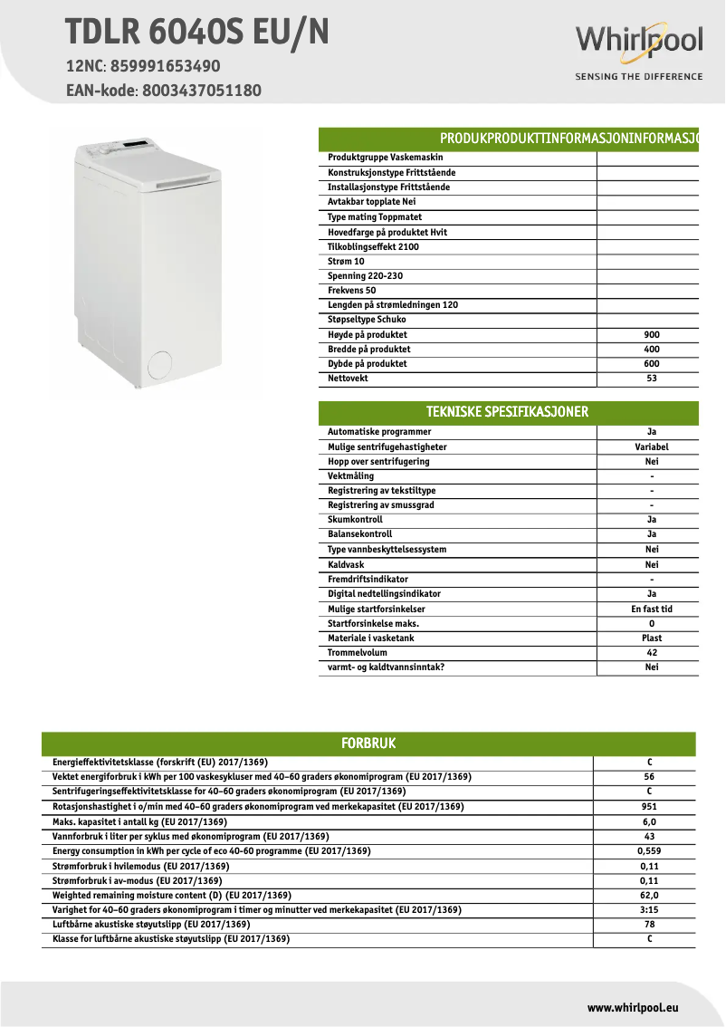 Page 1 de la notice Fiche technique Whirlpool TDLR 6040S