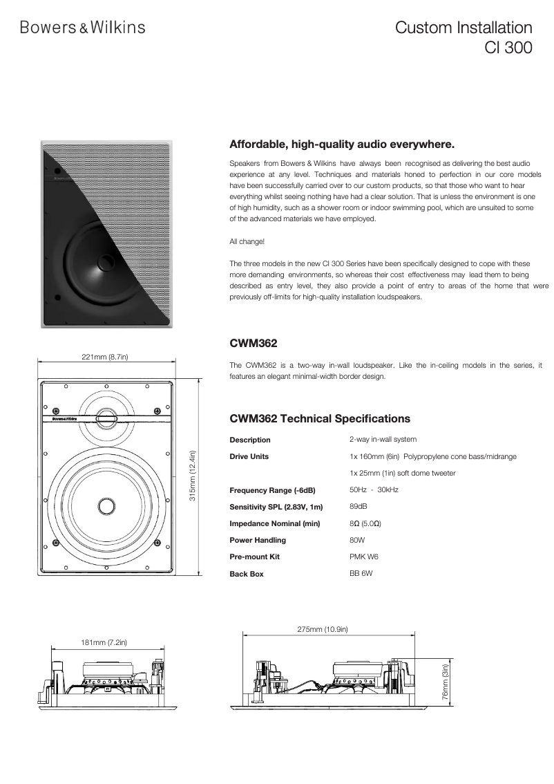 Page n°1 - Fiche technique Bowers & Wilkins CWM362