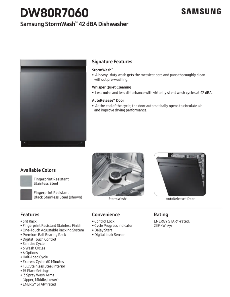 Page n°1 - Fiche technique Samsung DW80R7060US