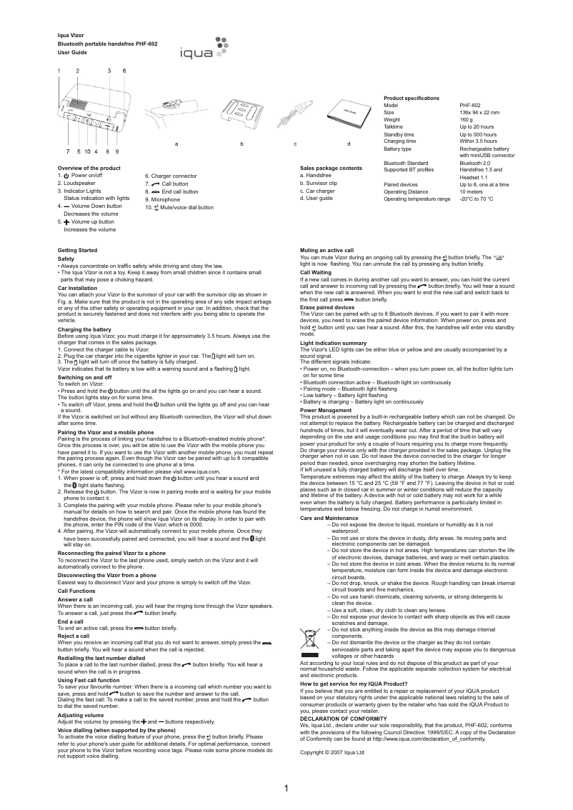 Page n°1 - Manuel utilisateur Iqua Vizor
