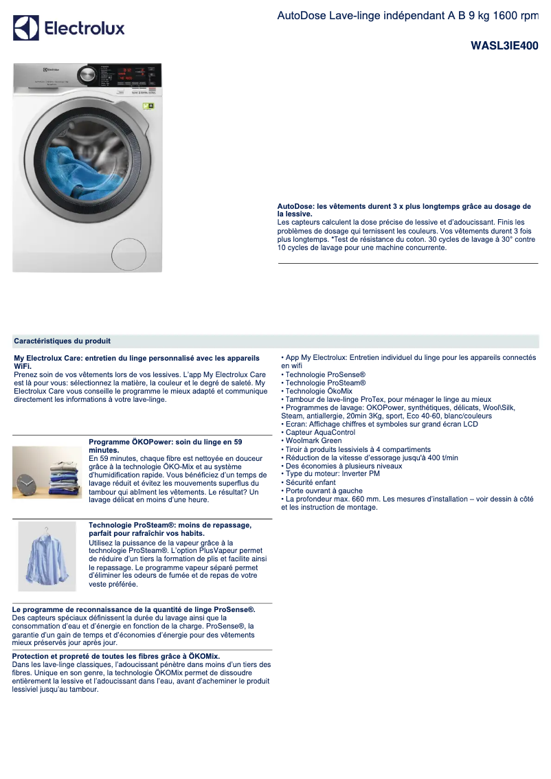 Page 1 de la notice Fiche technique Electrolux WASL3IE400