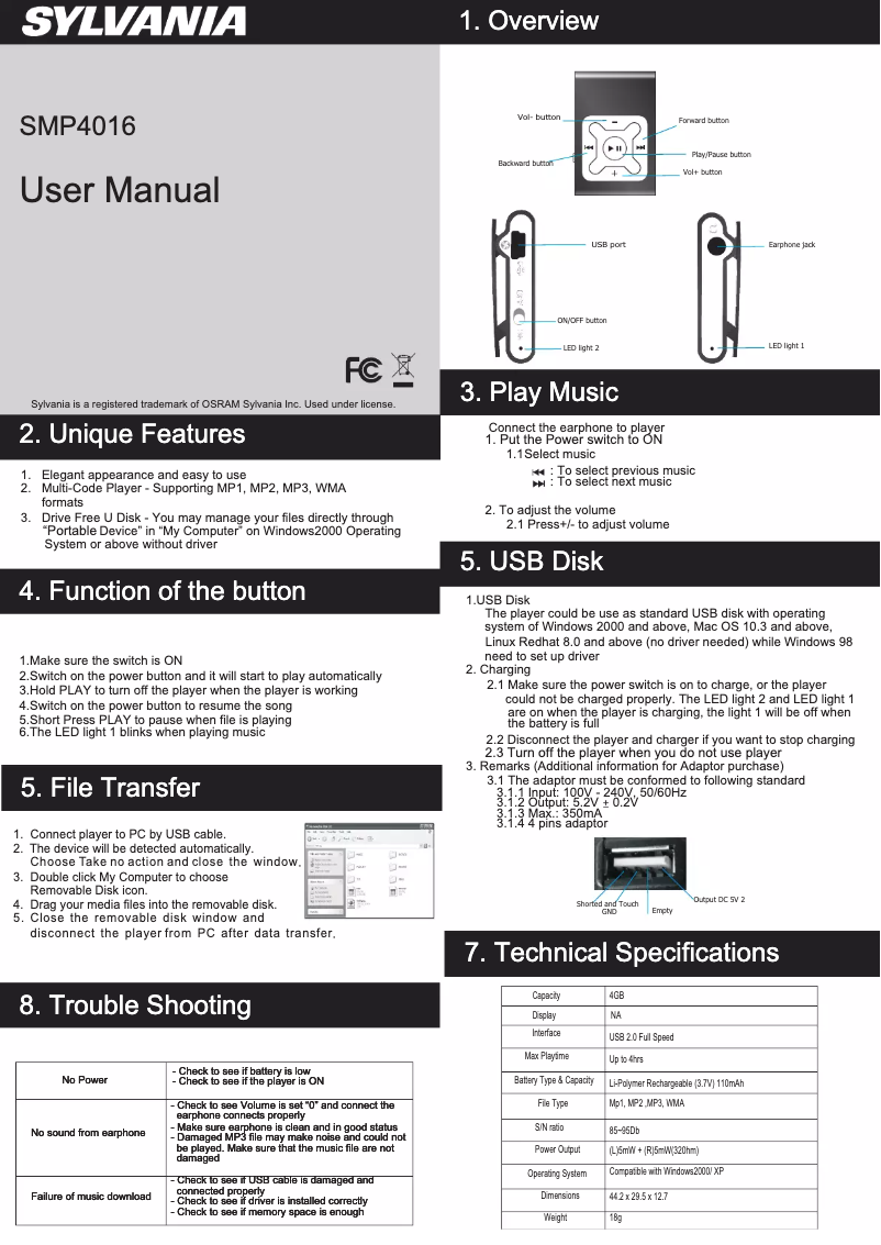 Page 1 de la notice Manuel utilisateur Sylvania SMP4016