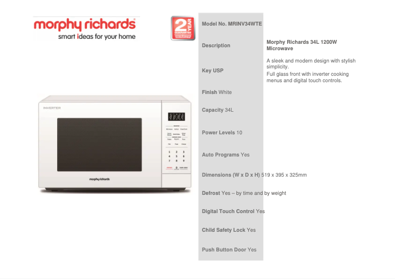 Página 1 del manual Ficha técnica Morphy Richards MRINV34WTE