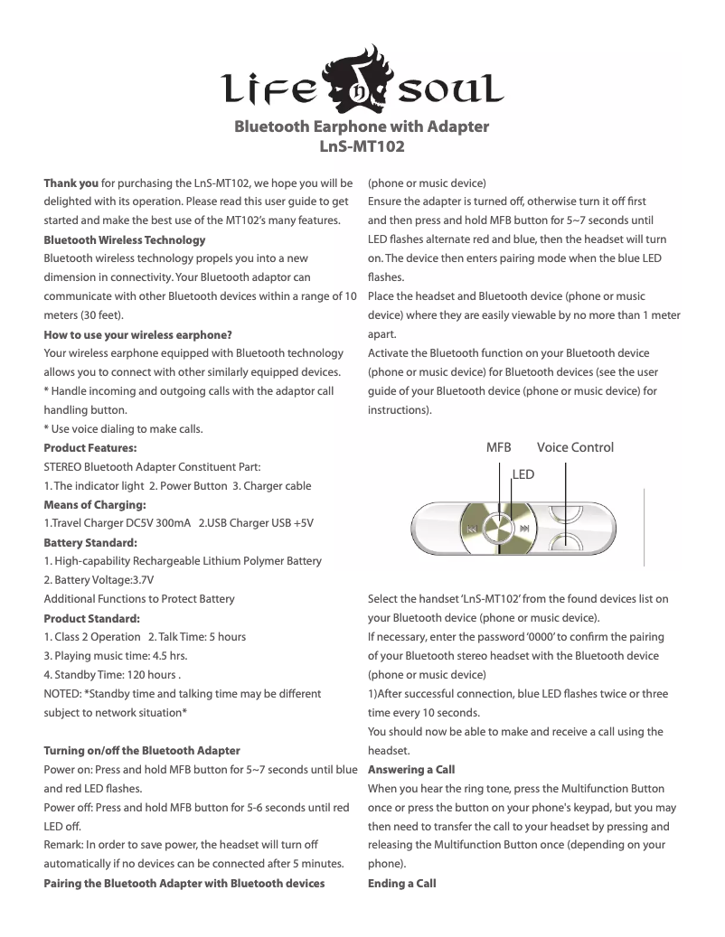 Page 1 de la notice Manuel utilisateur Life N Soul MT102