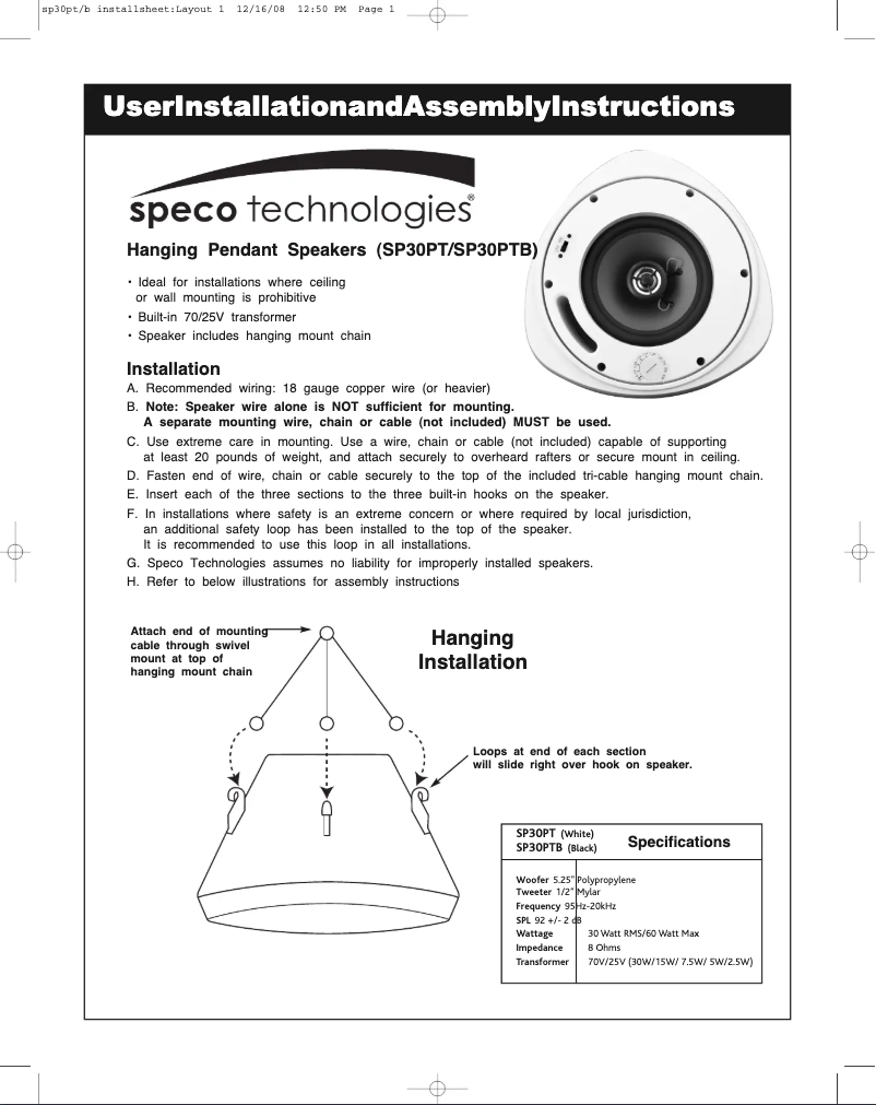 Page 1 de la notice Manuel utilisateur Speco Technologies SP30PT