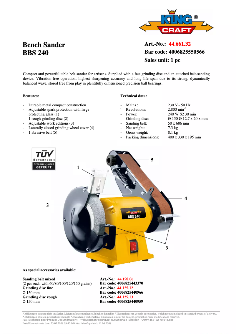 Página 1 del manual Ficha técnica King Craft BBS 240