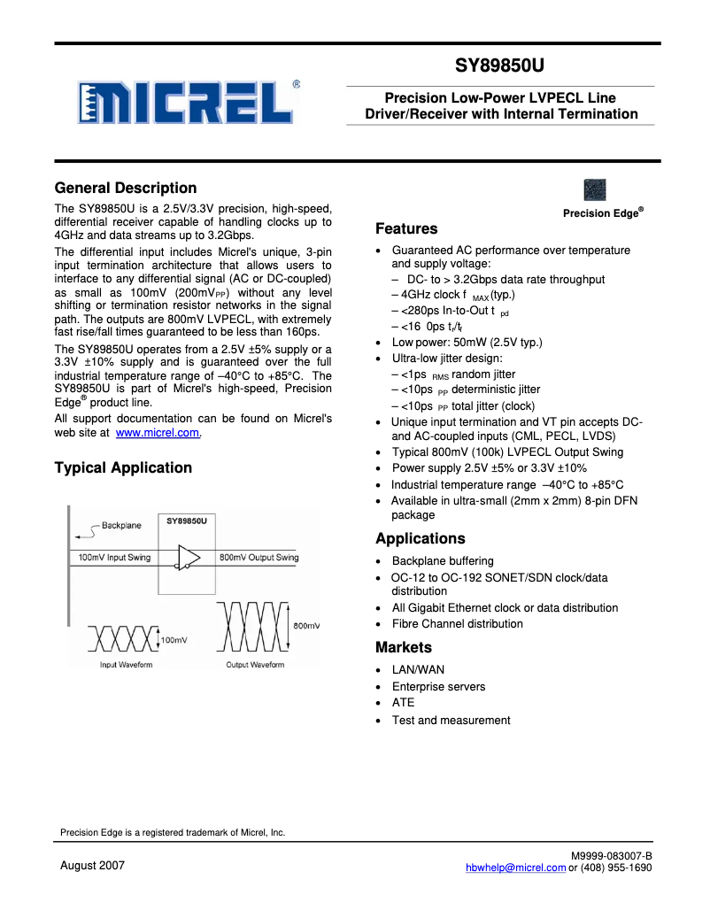 Page 1 de la notice Manuel utilisateur Microchip SY89850U