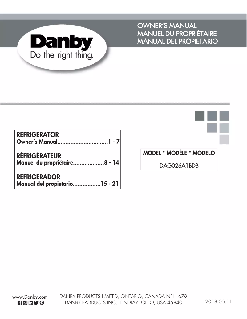 Page 1 de la notice Manuel utilisateur Danby DAG026A1BDB