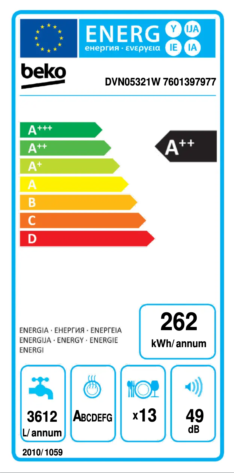 Page 1 de la notice Label énergétique Beko DVN05321W