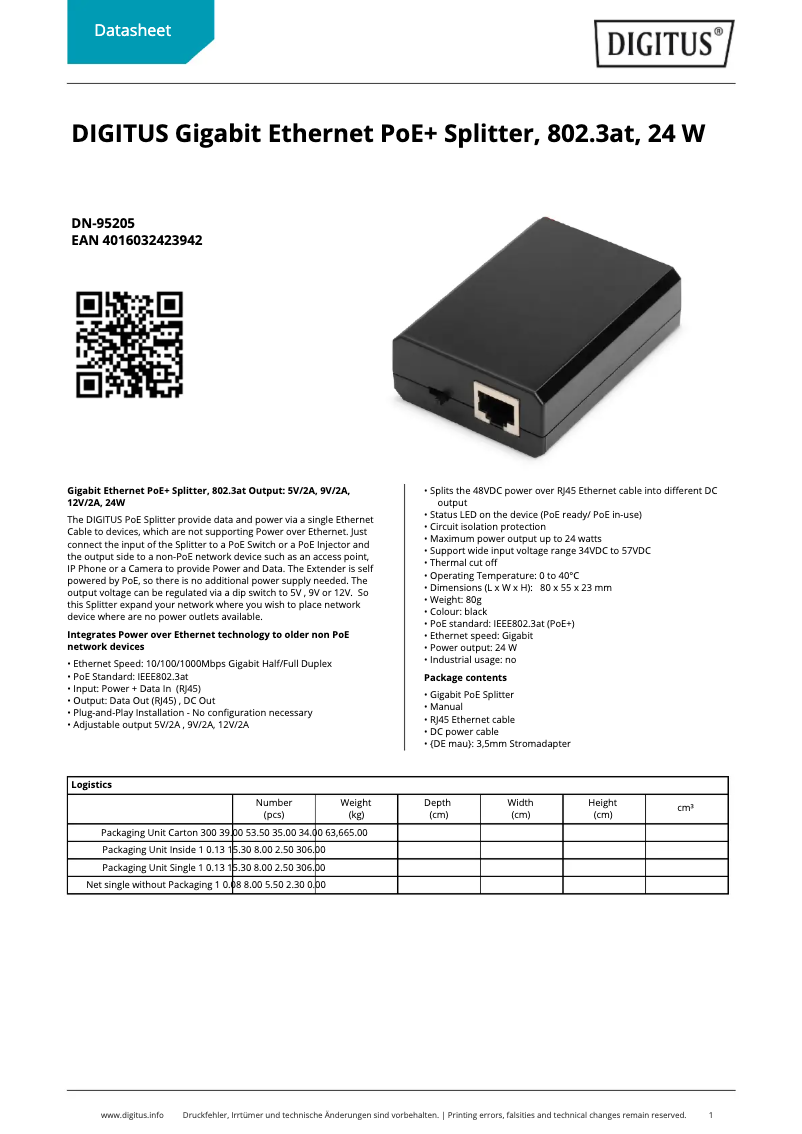 Page n°1 - Fiche technique Digitus DN-95205