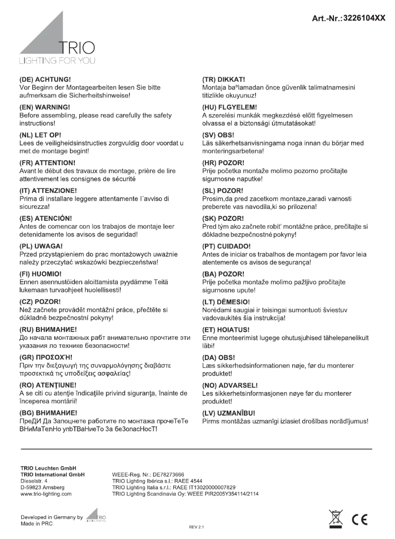 Page 1 de la notice Manuel utilisateur Trio Lighting Rondo 322610432