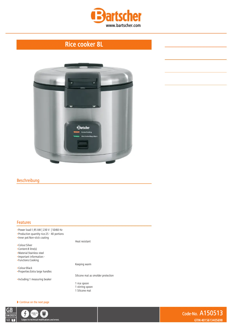Página 1 del manual Ficha técnica Bartscher A150513