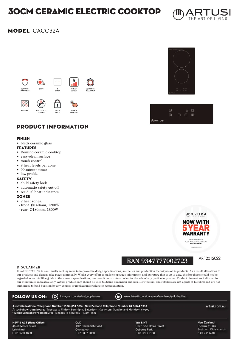 Page 1 de la notice Fiche technique Artusi CACC32A