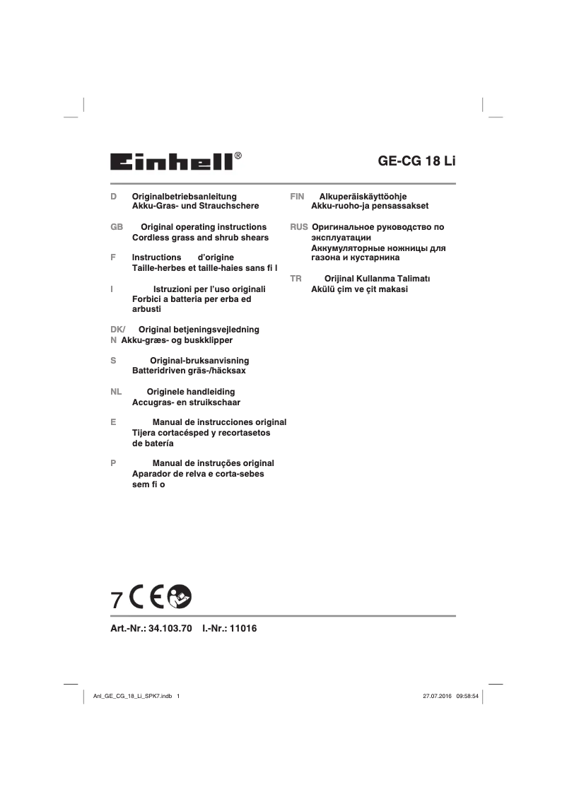 Page n°1 - Manuel utilisateur Einhell GE-CG 18 Li-Solo