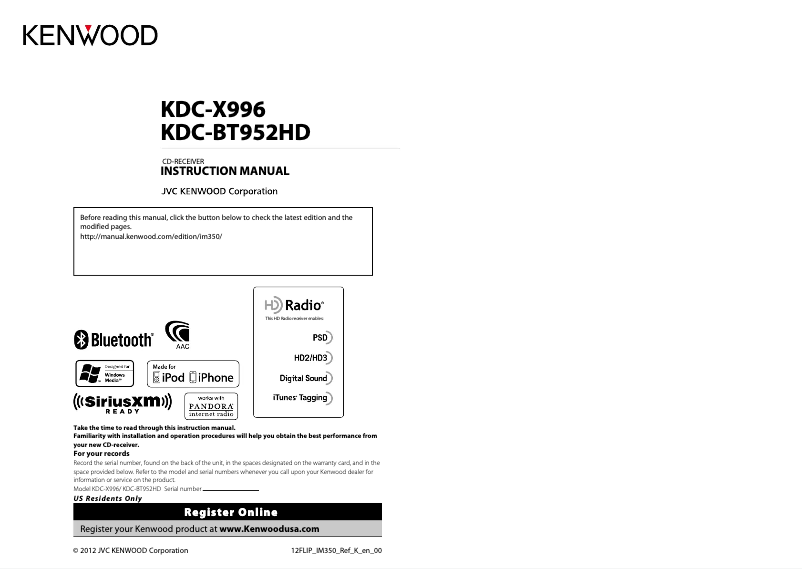 Page n°1 - Manuel utilisateur Kenwood eXcelon KDC-X996