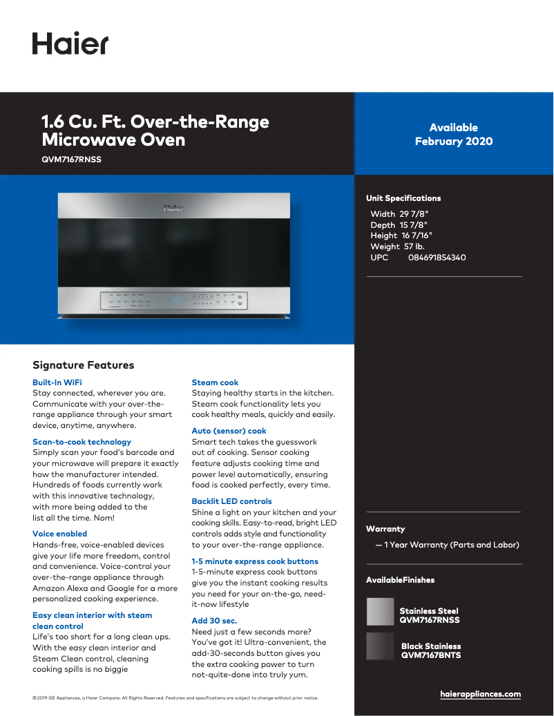 Page 1 de la notice Fiche technique Haier QVM7167BNTS