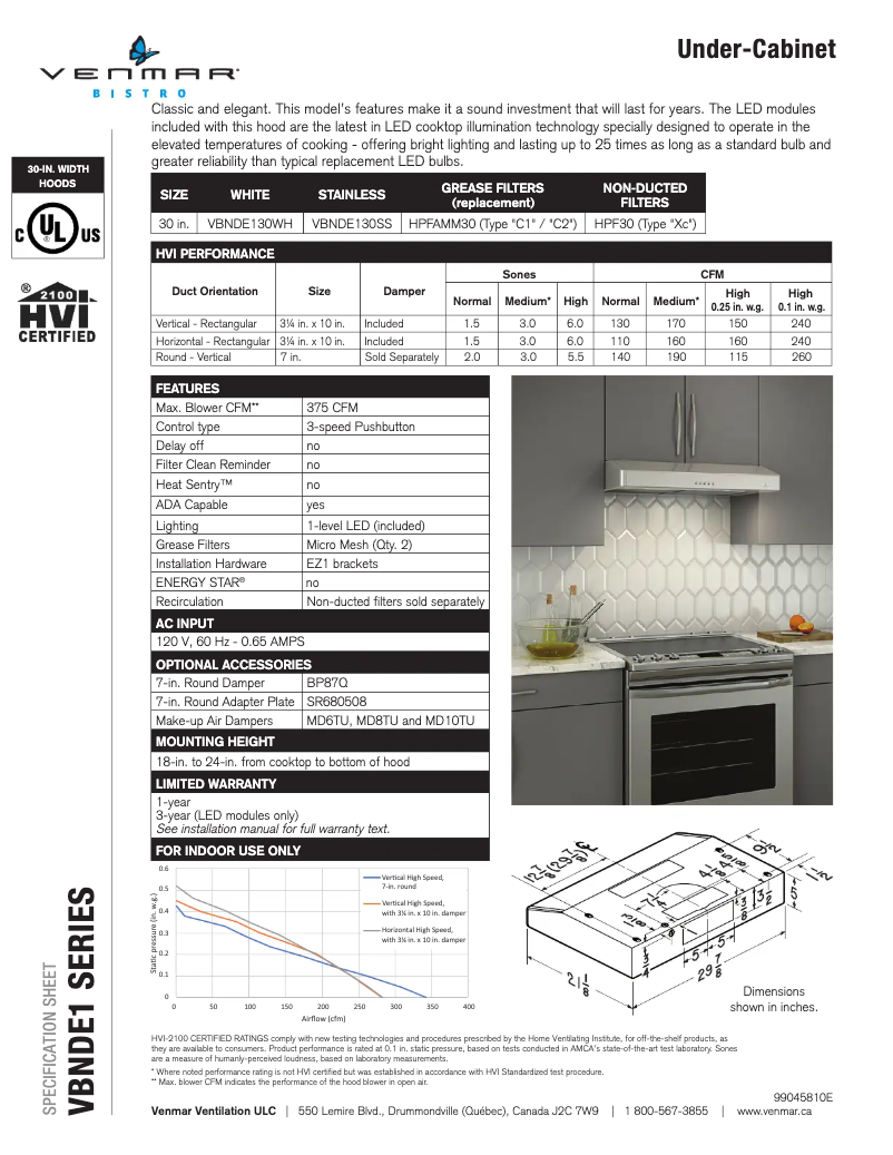Page 1 de la notice Fiche technique Venmar Bistro VBNDE130SS