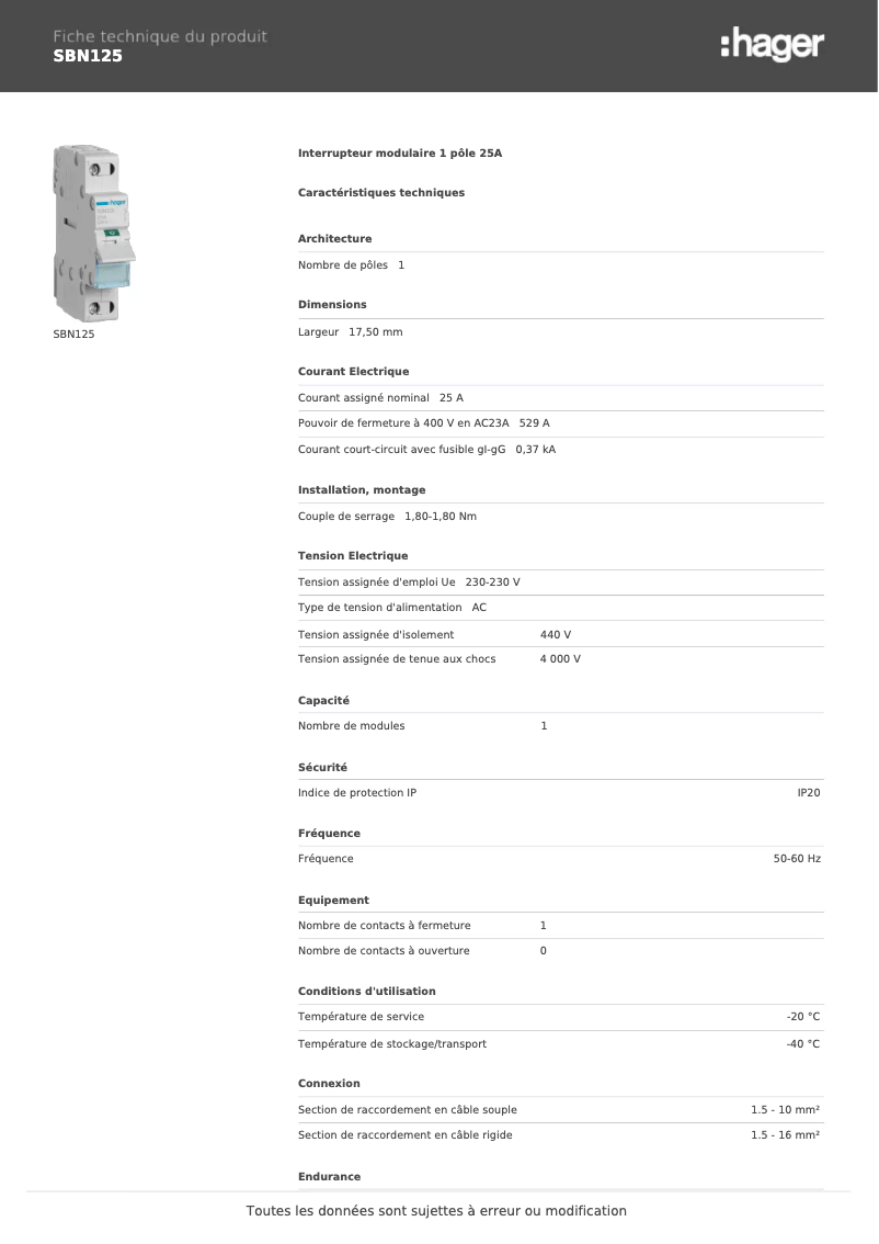 Page n°1 - Fiche technique Hager SBN125