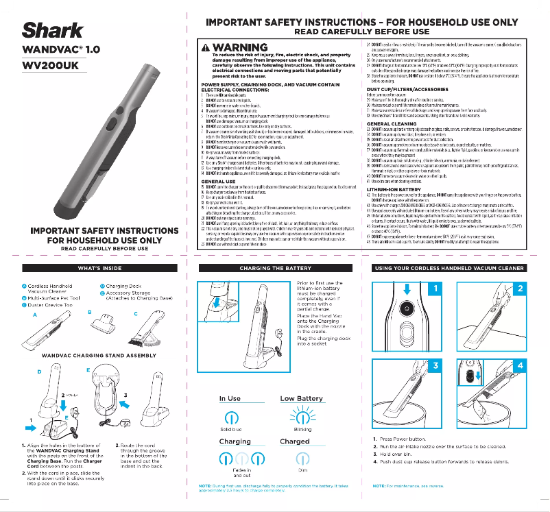 Page 1 de la notice Instructions / montage Shark WV200UK