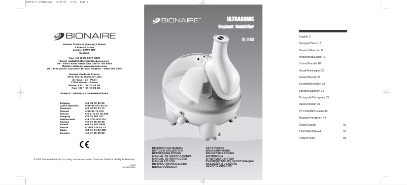 Page 1 de la notice Manuel utilisateur Bionaire BU1500-I