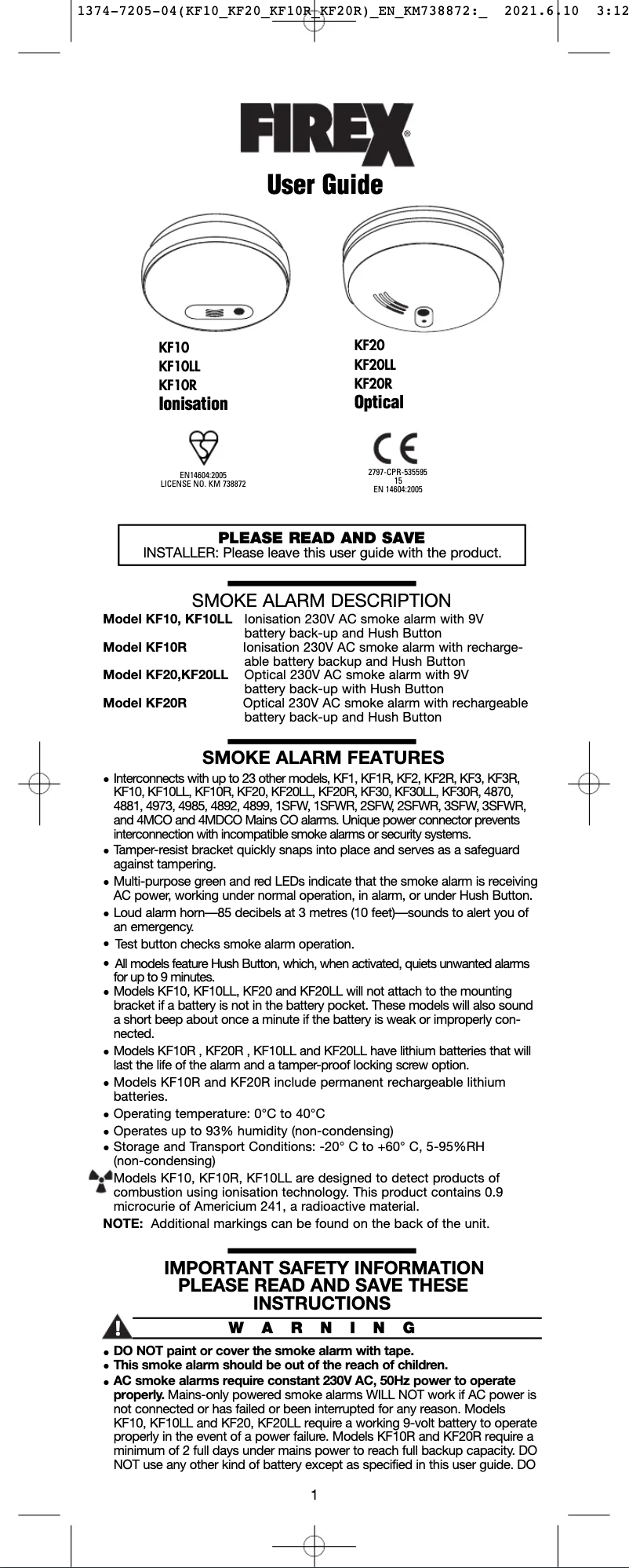 Page 1 de la notice Manuel utilisateur Kidde KF20