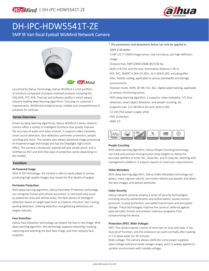 Page n°1 - Fiche technique Dahua Technology IPC-HDW5541T-ZE