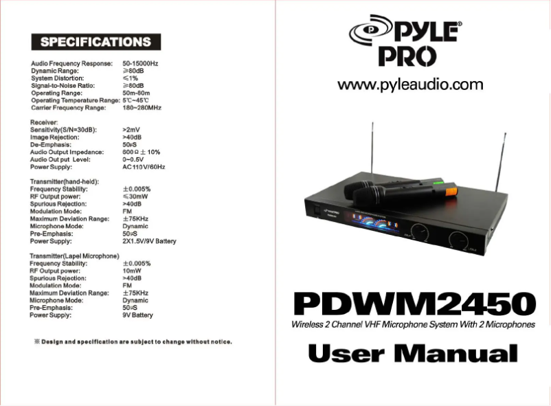 Page n°1 - Manuel utilisateur Pyle PylePro PDWM2450