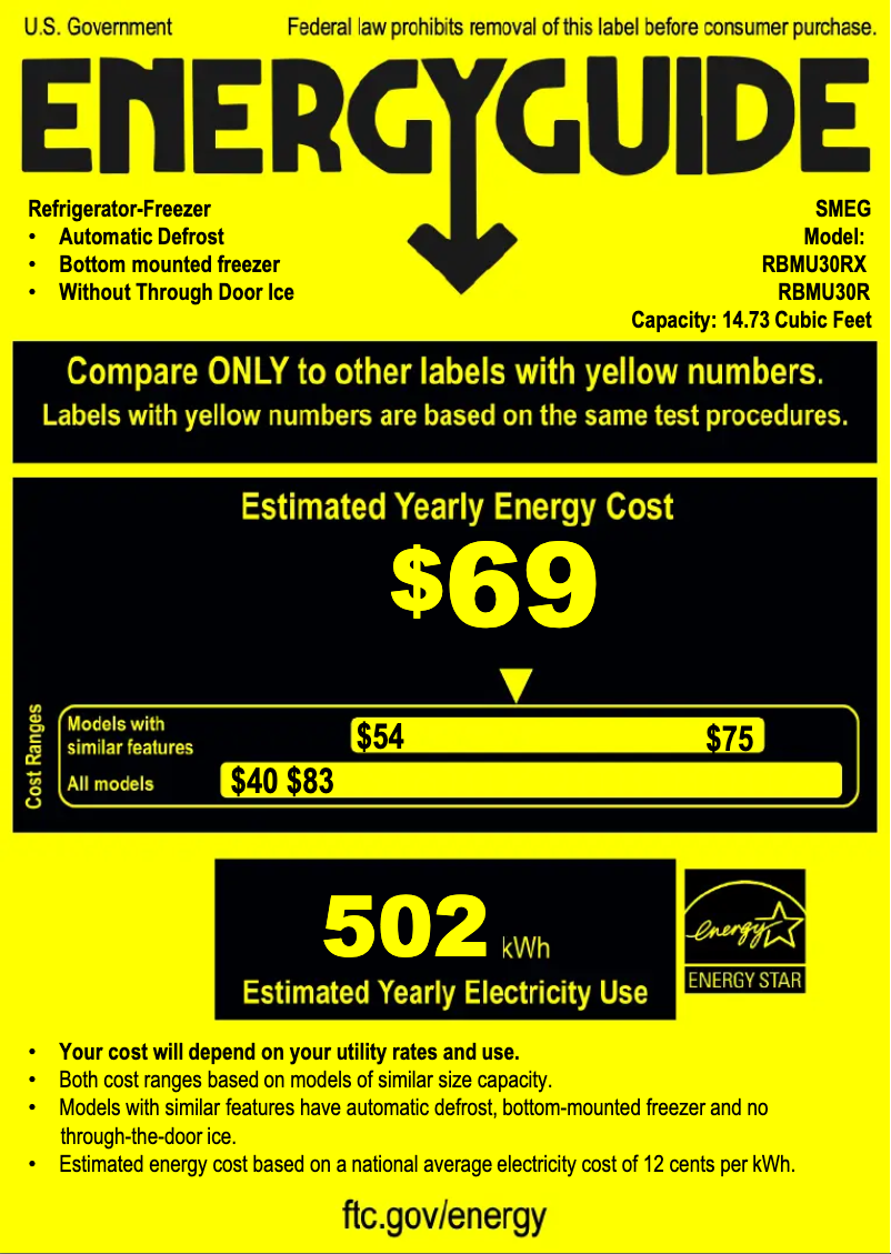 Page 1 de la notice Label énergétique Smeg RBMU30RX