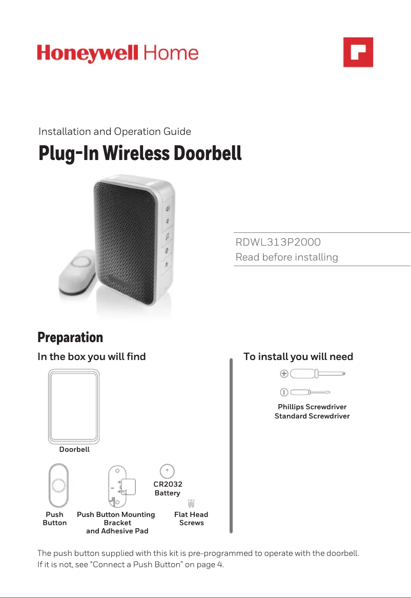 Page 1 de la notice Instructions / montage Honeywell RDWL313A2000