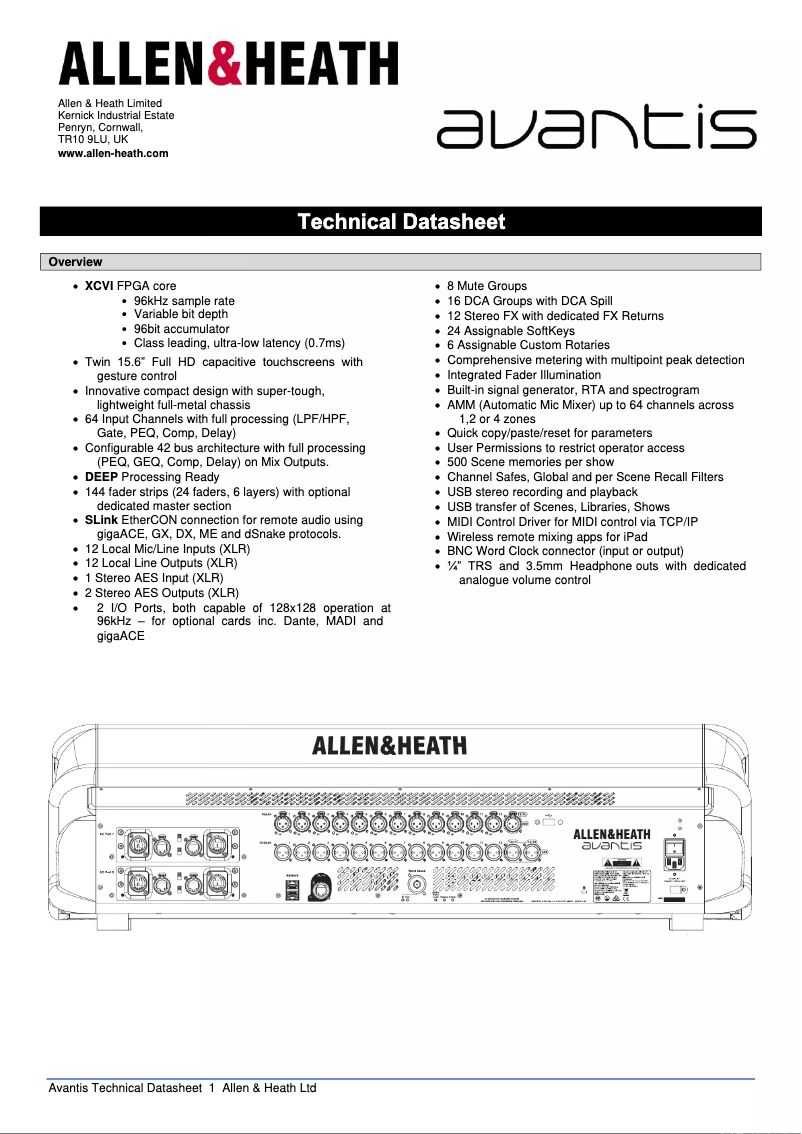 Página 1 del manual Ficha técnica Allen & Heath Avantis