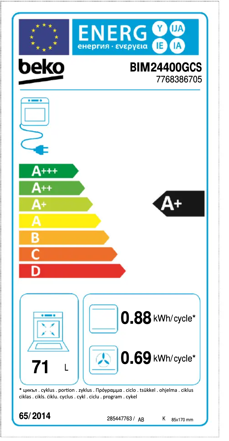 Page 1 de la notice Label énergétique Beko BIM 24400 GCS