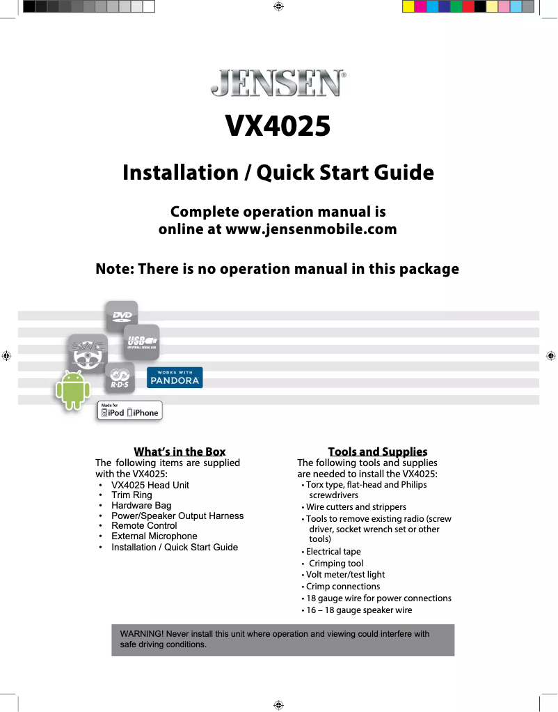 Page n°1 - Manuel utilisateur Jensen VX4025