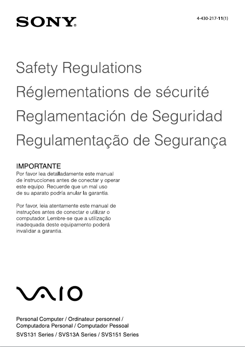 Page n°1 - Instructions de sécurité Sony Vaio SVS15117FDB