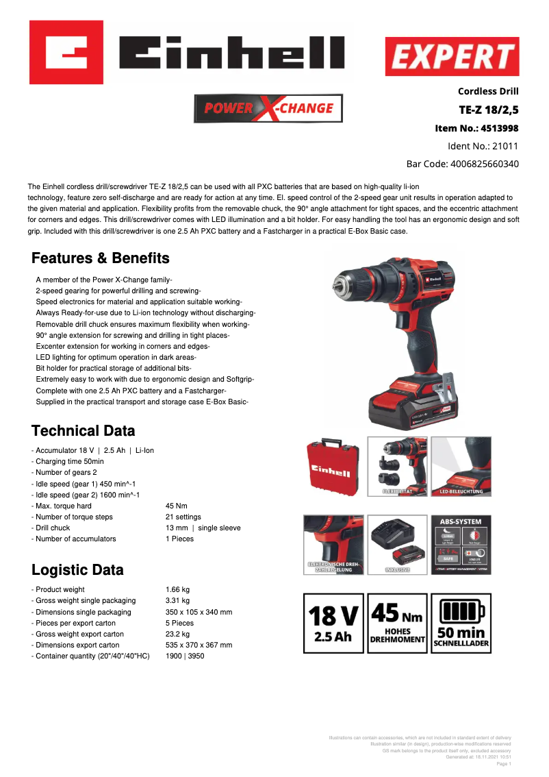 Page 1 de la notice Manuel utilisateur Einhell TE-Z 18/2,5