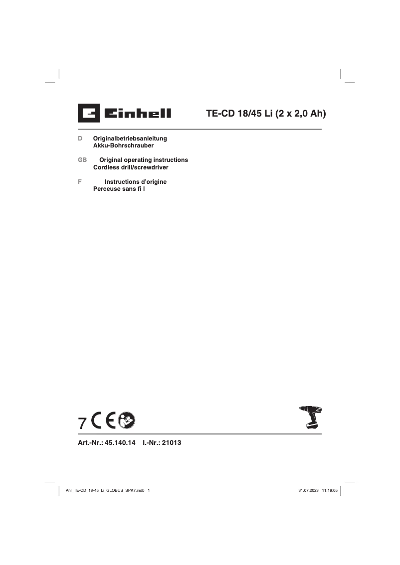 Page n°1 - Manuel utilisateur Einhell TE-CD 18/45 Li