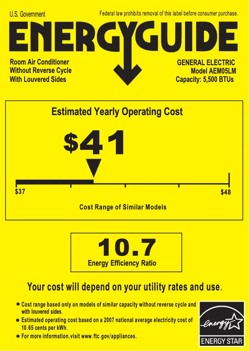 Página 1 del manual Etiqueta energética GE AEM05LM