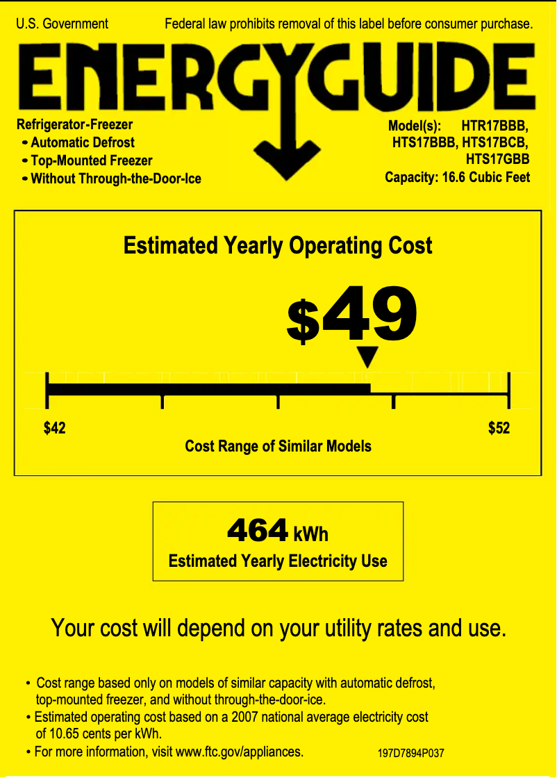 Page 1 de la notice Label énergétique Hotpoint HTS17GBBWW