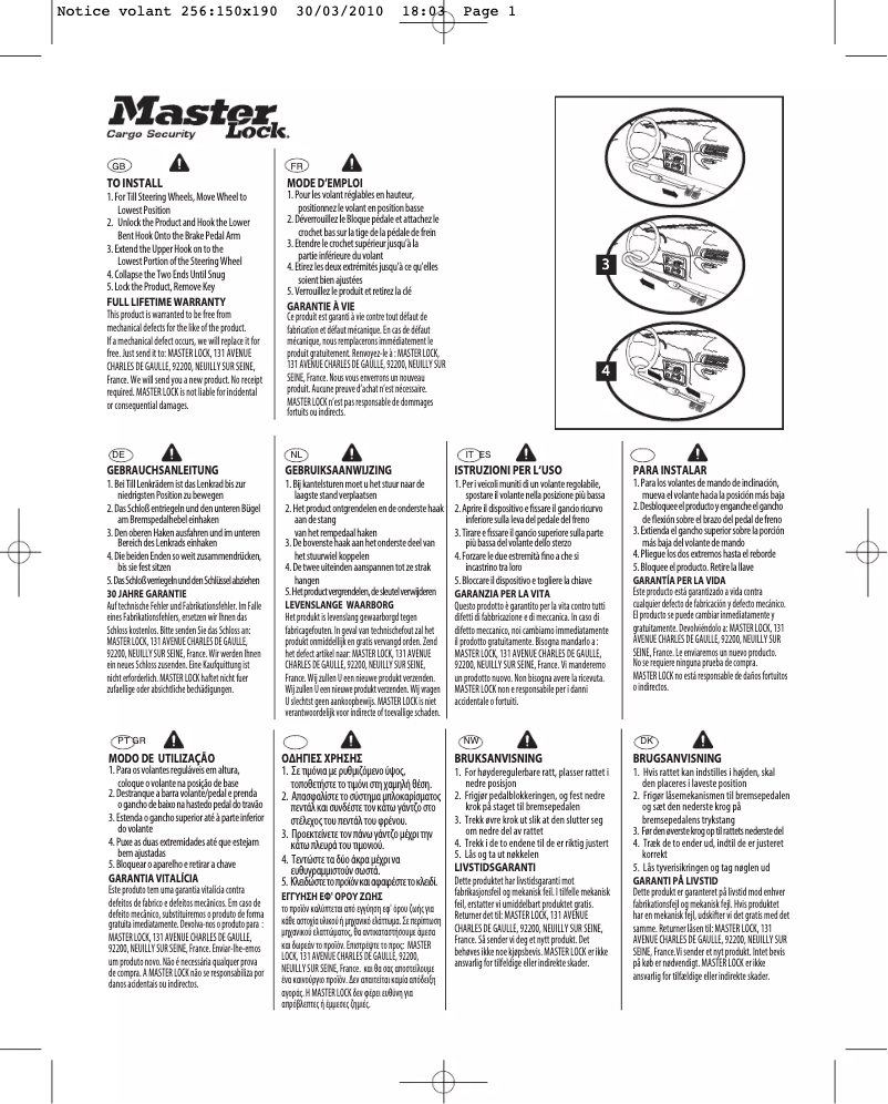 Page 1 de la notice Manuel utilisateur Master Lock 256EURDAT