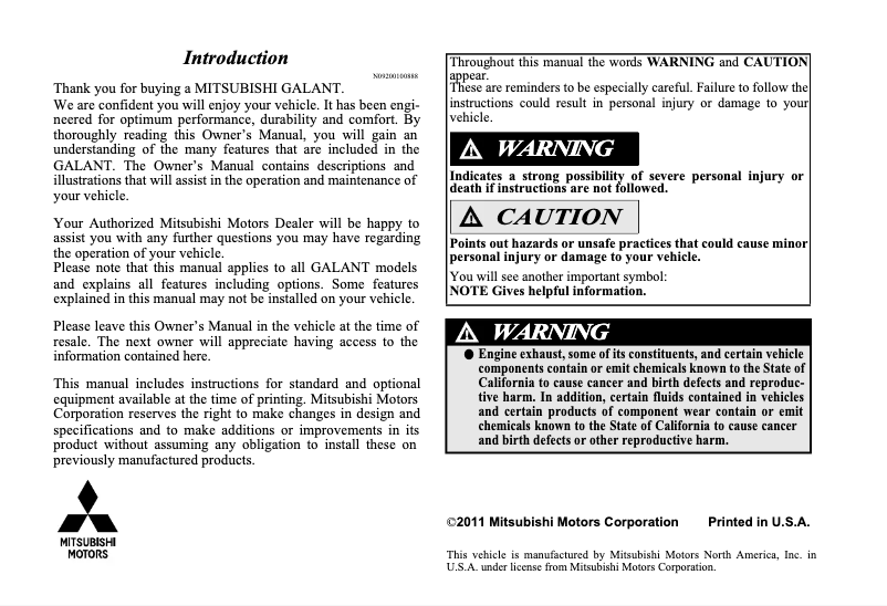 Image de la première page du manuel de l'appareil Galant (2012)