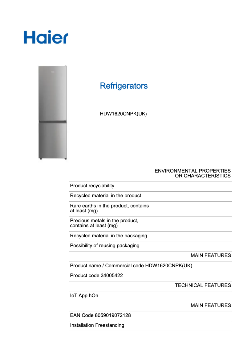Page n°1 - Fiche technique Haier HDW1620CNPK
