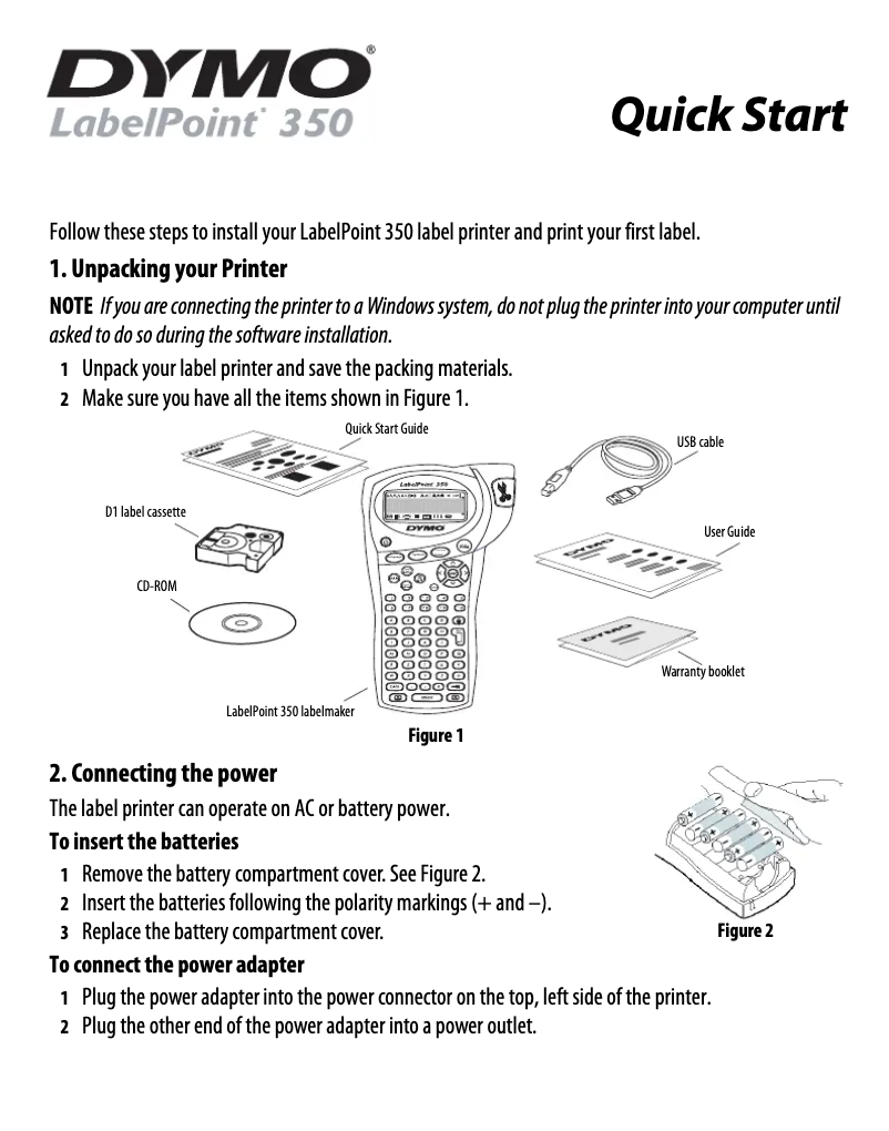 Page 1 de la notice Guide de démarrage rapide Dymo LabelPoint 350