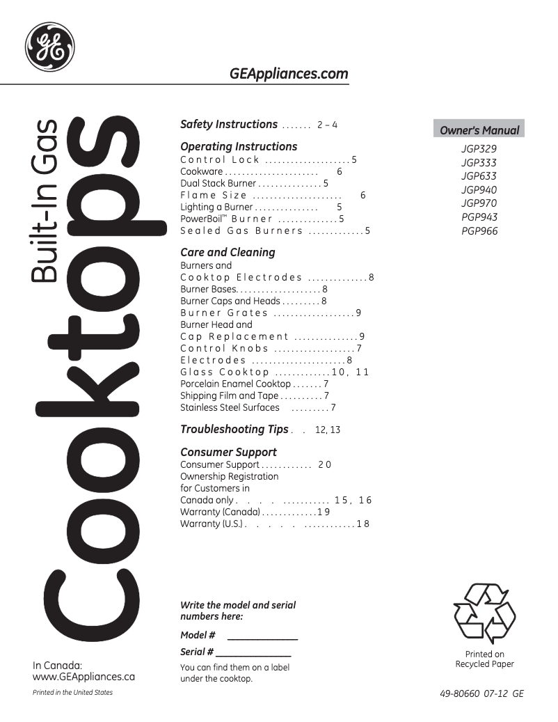 Page 1 of the manual Instruction Manual GE Profile JGP940BEKBB